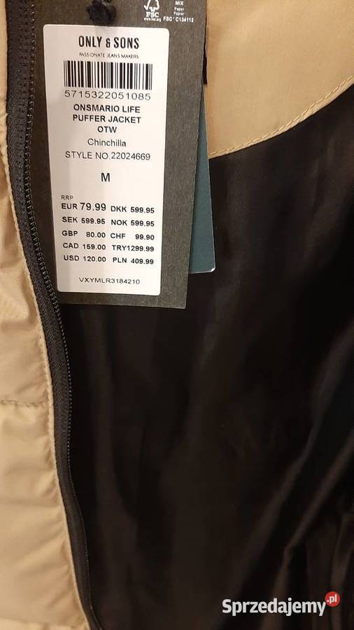 Kurtka Ocieplana Pikowana Męska ONLY SONS M j Zimowa  Nowa Sól