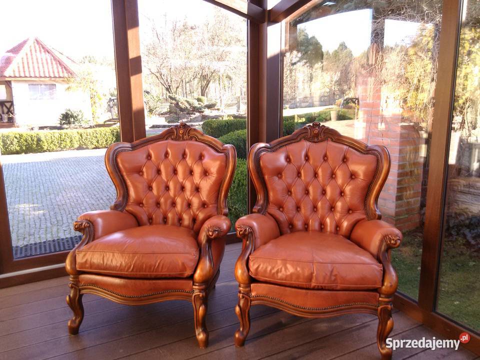 Fotele LudwikBarok Rzeźbione Skóra Antyk Stan Kluki