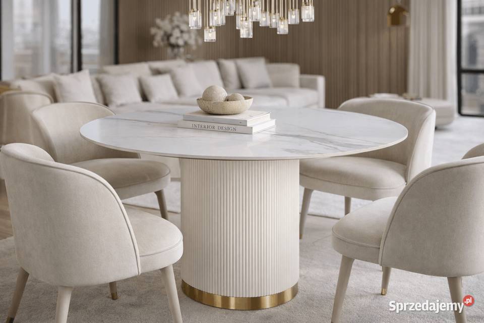 Stół okrągły ecru 120 ryflowany ze spiekiem