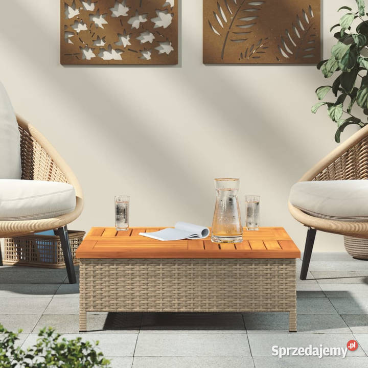 Stolik ogrodowy beżowy 70x70x25 rattan i drewno Dom i Ogród