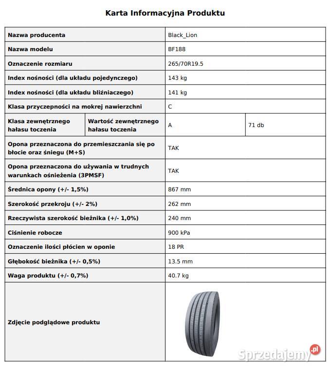 Opona Prowadząca 26570 R195 BlackLion BF188 Nowa 70 Zarębki