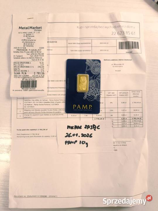 Sztabka złota 10g PAMP sprzedam