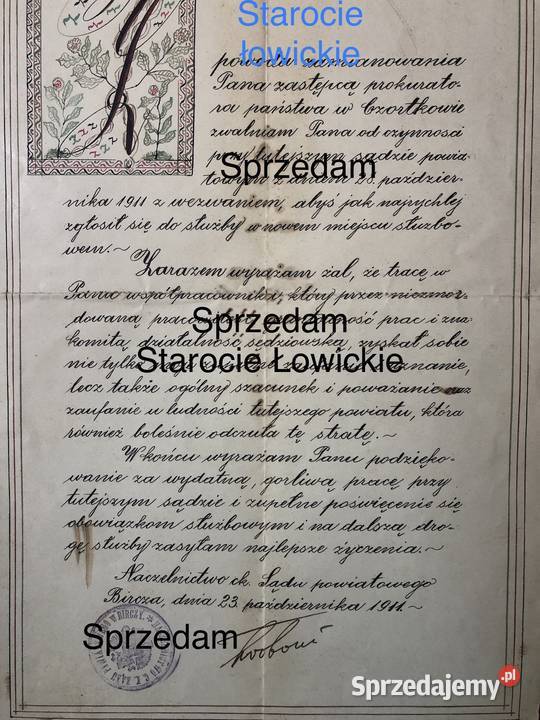 Dokument Sąd Bircza 1911 zmiana prokuratora Łowicz sprzedam