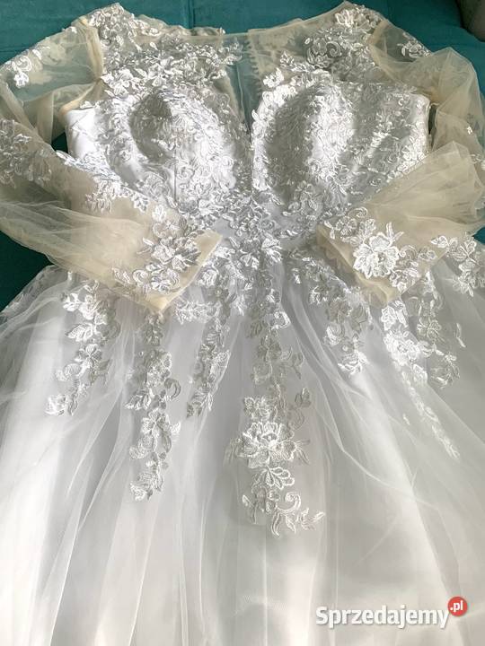 Suknia ślubna liniaA koronka perły rękawy 46 46W dolnośląskie Jelenia Góra