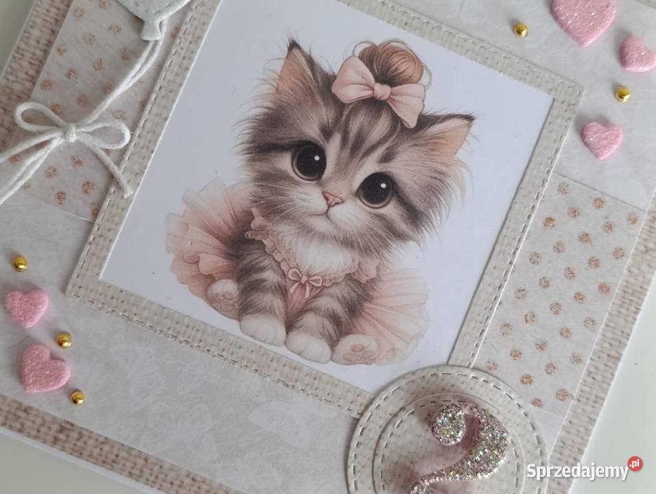 Kartka ręcznie robiona na urodziny z kotkiem Łódź sprzedam