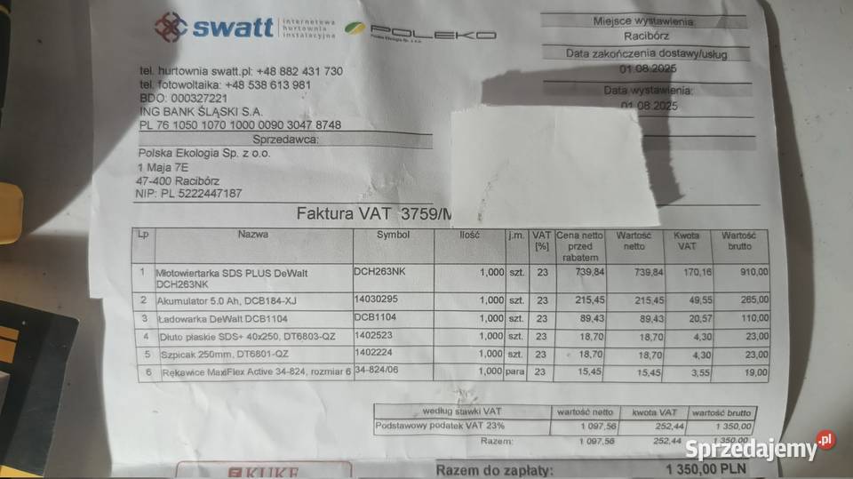Młotowiertarka DeWALT 18V Katowice sprzedam