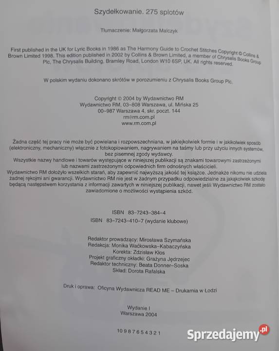 Szydełkowanie 275 splotów Wydawn RM 2004 r Rok wydania 2004 wielkopolskie Koźminek sprzedam