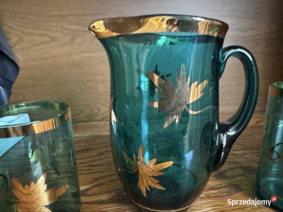 Zestaw PRL szkło szmaragdowe złocone dzbanek 5 śląskie Jaworzno