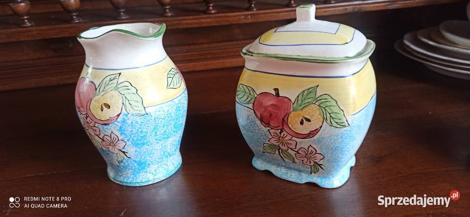 Zestaw Pojemniki i mlecznik Z jabłkami Ręcznie Porcelana i szkło Gdańsk sprzedam