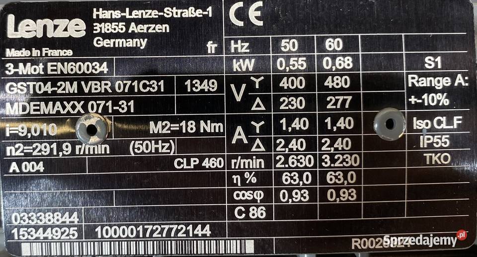 motoreduktor przekładnia 055kW 2919obr 3fazowy Pozostałe kujawsko-pomorskie Pigża sprzedam