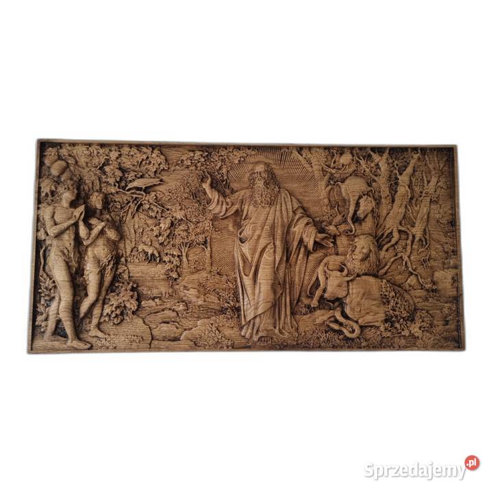 Stworzenie Adama i Ewy Piękna dębowa rzeźba Malechowo