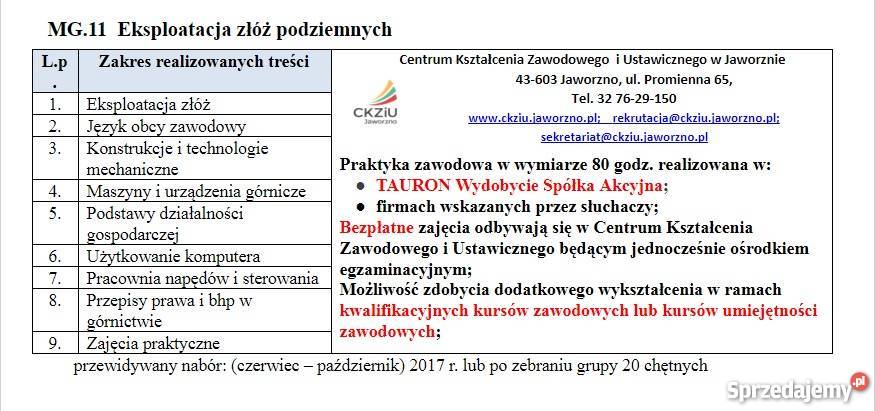 Kurs Górnik Eksploatacja złóż podziemnych śląskie Jaworzno