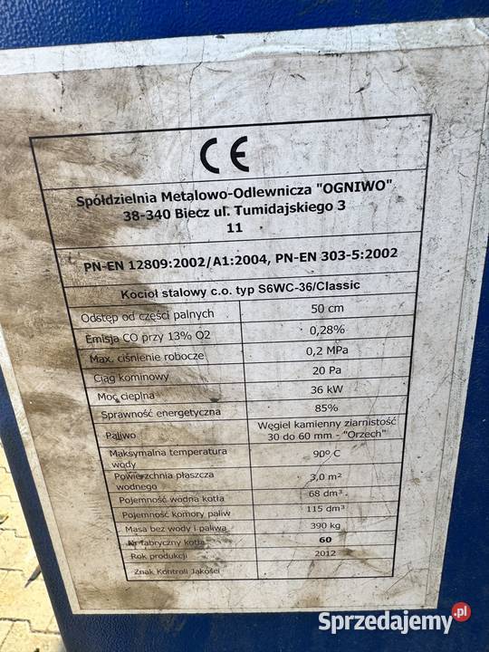 Piec kocioł na węgiel drewno 36kW firmy OGNIWO Przedbórz