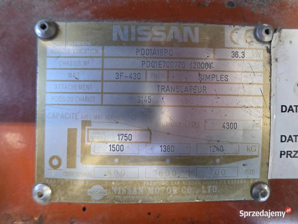 Wózek widłowy Nissan MOTOR 18 t z napędem LGP Chwaszczyno