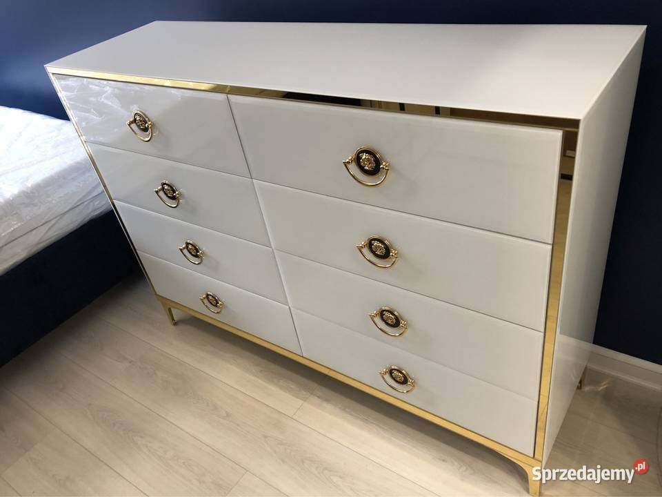 Komoda biała noga prosta zlota kołatka meduza 140cm