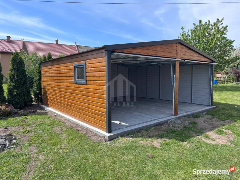 Garaż blaszany 6x6m 2x brama uchylna okno Konin