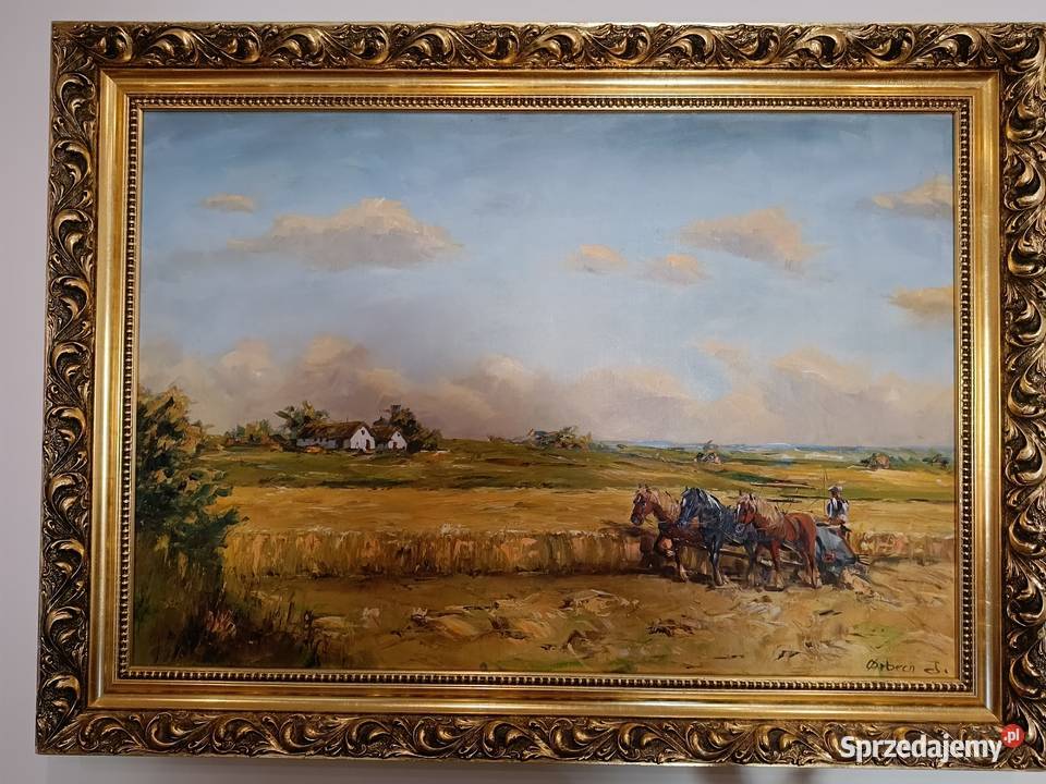 Duży obraz olejny na płótnie w pięknej ramie Lipno sprzedam