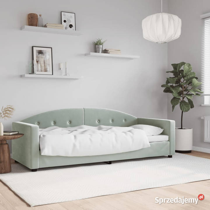 Sofa z funkcją spania jasnoszara obita aksamitem mazowieckie