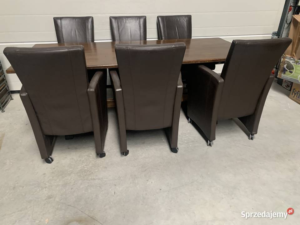 Piękny komplet dębowy stół 215 6 skórzanych Sławoszewek