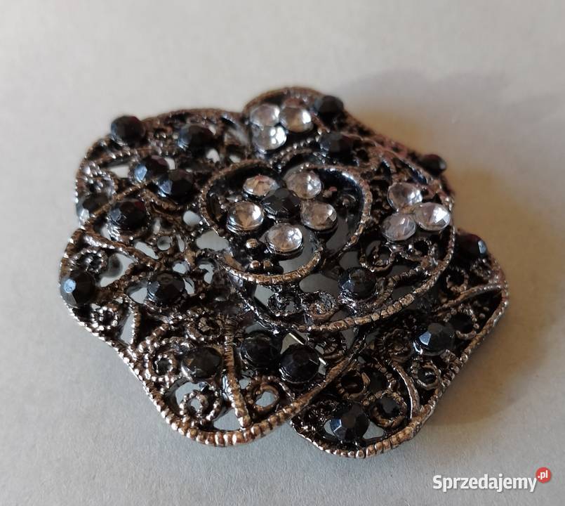 BROSZKA z kryształkami postarzane srebro