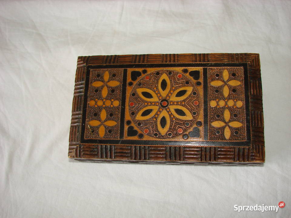 drewniane pudełko kaseta PRL Pruszcz Gdański