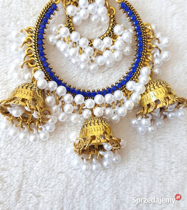 Duże długie kolczyki złoty kolor niebieskie