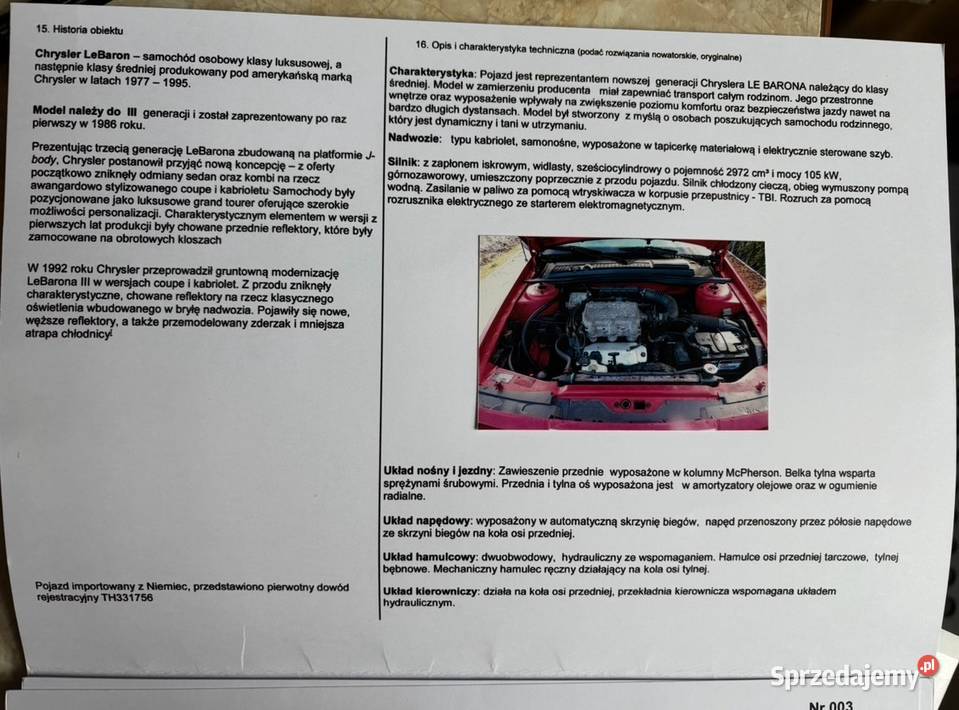 Chrysler Le Baron zarejestrowany na zabytek czerwony Skała sprzedam