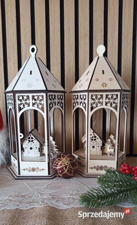 Drewniany lampion LED z domkiem i reniferem Bełchatów sprzedam