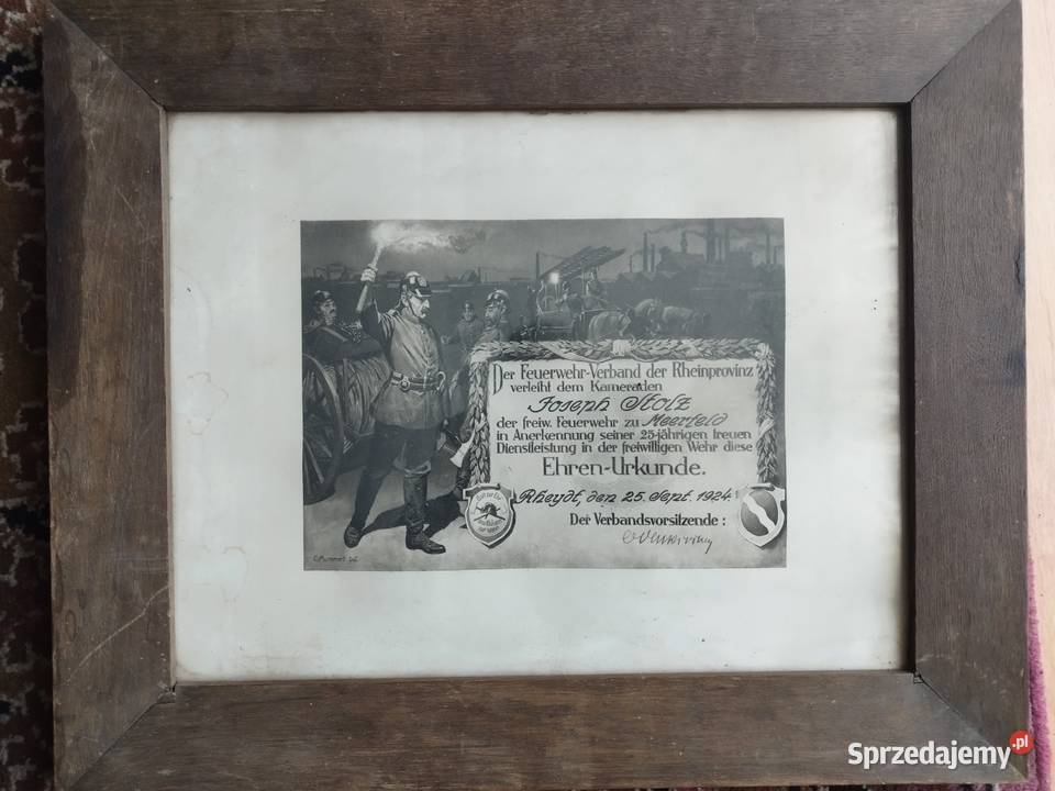Stary dyplom strażacki 1924 Niemcy EhrenUrkunde Przejęsław sprzedam