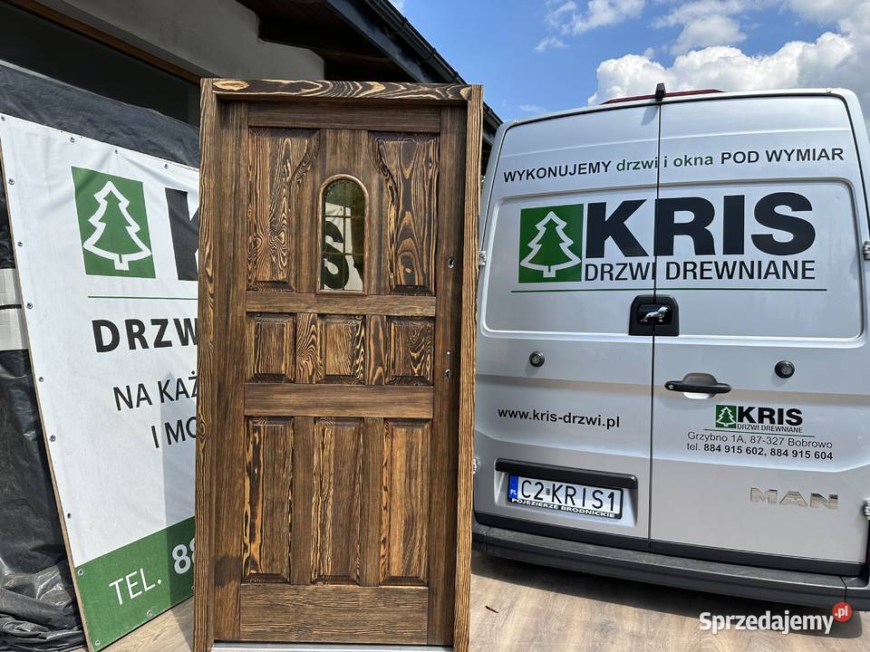 Drzwi zewnętrzne drewniane szczotkowane Budownictwo i akcesoria kujawsko-pomorskie Grzybno sprzedam
