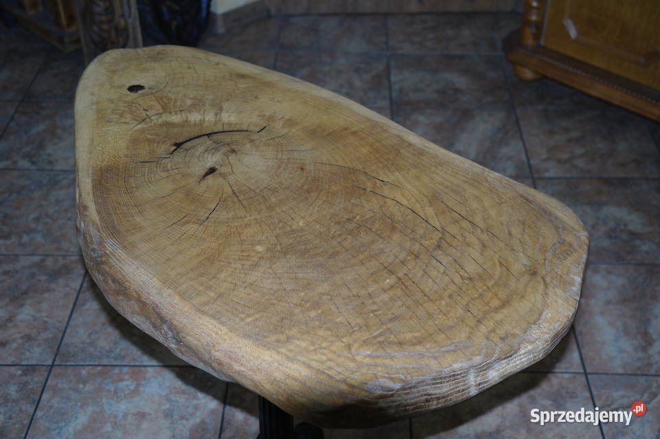 stolik z blatem z pnia dębu na żeliwnej nodze 45cm