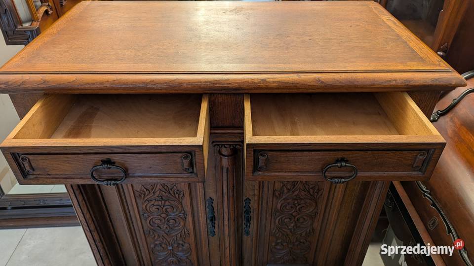 Piękna dębowa wysoka komodaszafka neorenesansowa Dąbrowa Górnicza