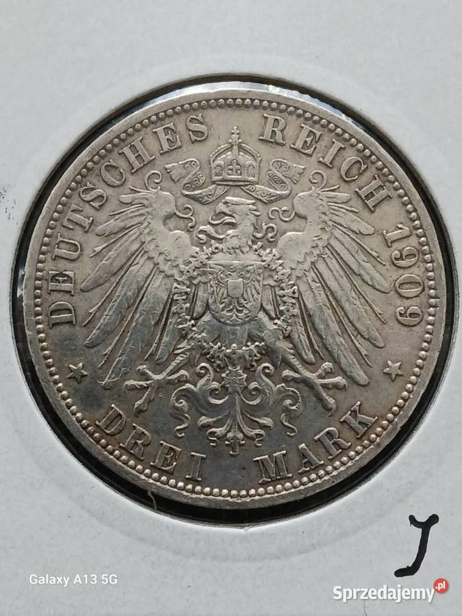 3 Marki Prusy 1909 rWilhelm II menA Numizmatyka Konin sprzedam