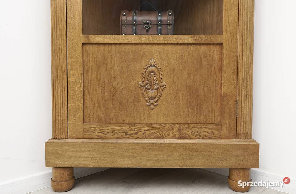 Antyczna narożna witryna z litego dębu renowacji wielkopolskie Jerka