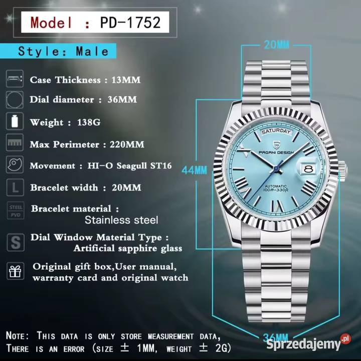 Zegarek automatyczny Pagani Design PD1752 10ATM Męskie Ruda Śląska