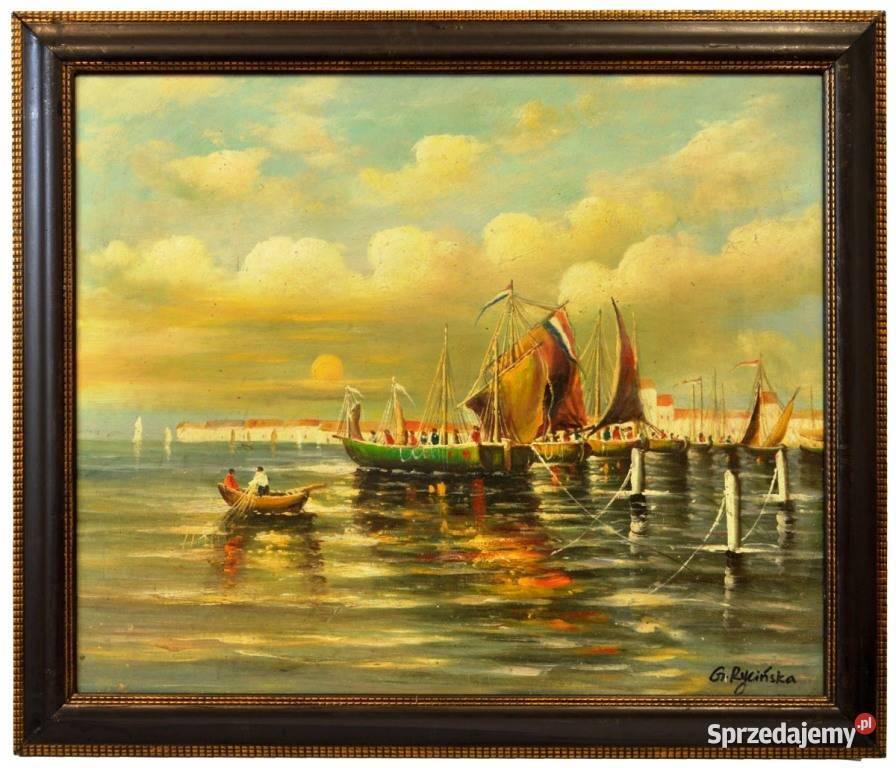 Duży obraz olejny na płycie Połów w Porcie wym Malarstwo