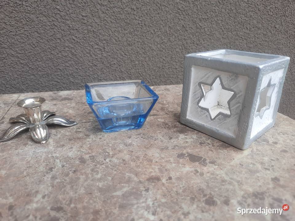 Świeczniki szkło mosiądz ceramika zestaw 7