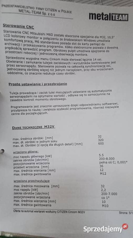 Automat tokarski CITIZEN Cincom M32V Toruń sprzedam