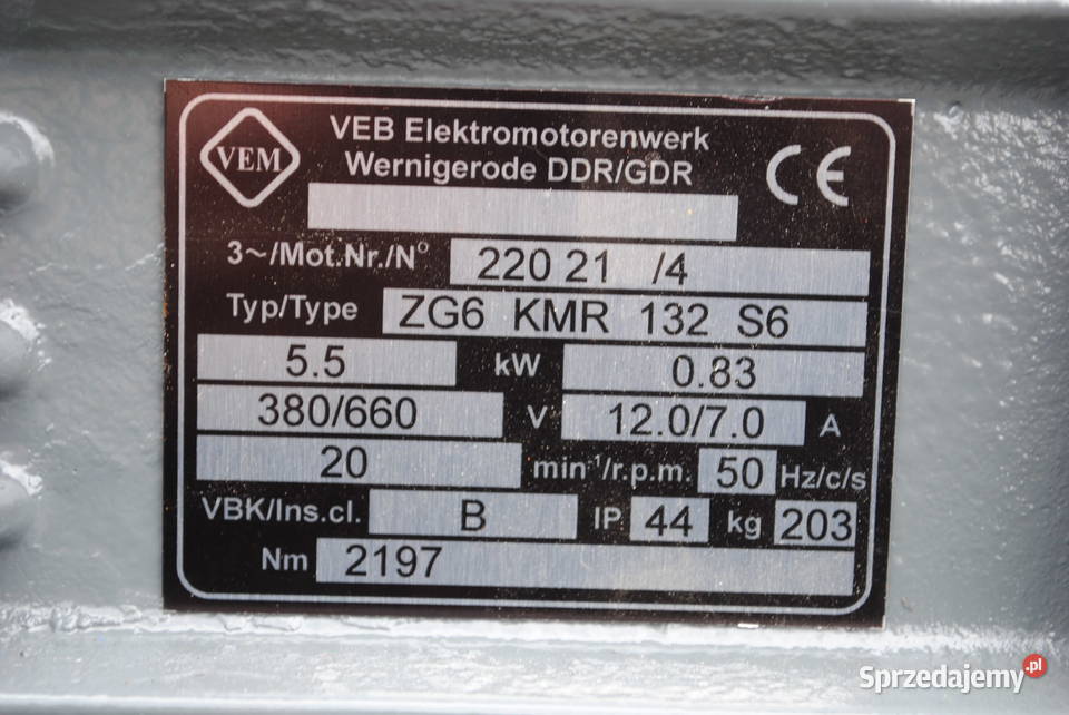 Motoreduktor 55kw 20obrmin faktura Vat VEM Kargowa
