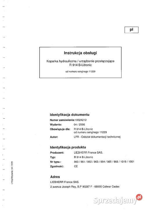 Liebherr R914B Litronic Koparka gasienicowa DTR Rok wydania 2006