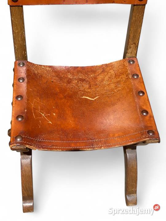 Zestaw 3 dębowych krzeseł vintage skóra Gryfice
