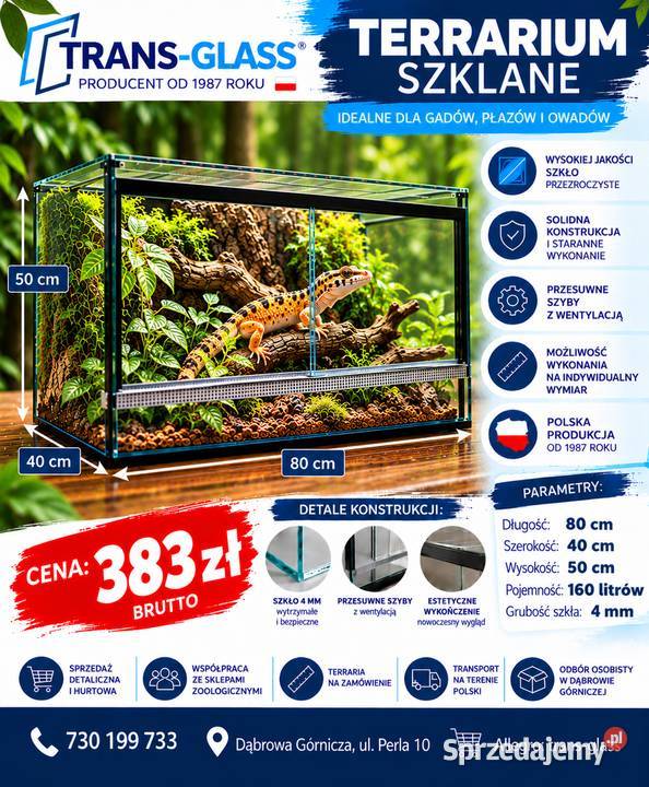 Terrarium szklane 80x40x50 szkło 4 mm producent Dąbrowa Górnicza