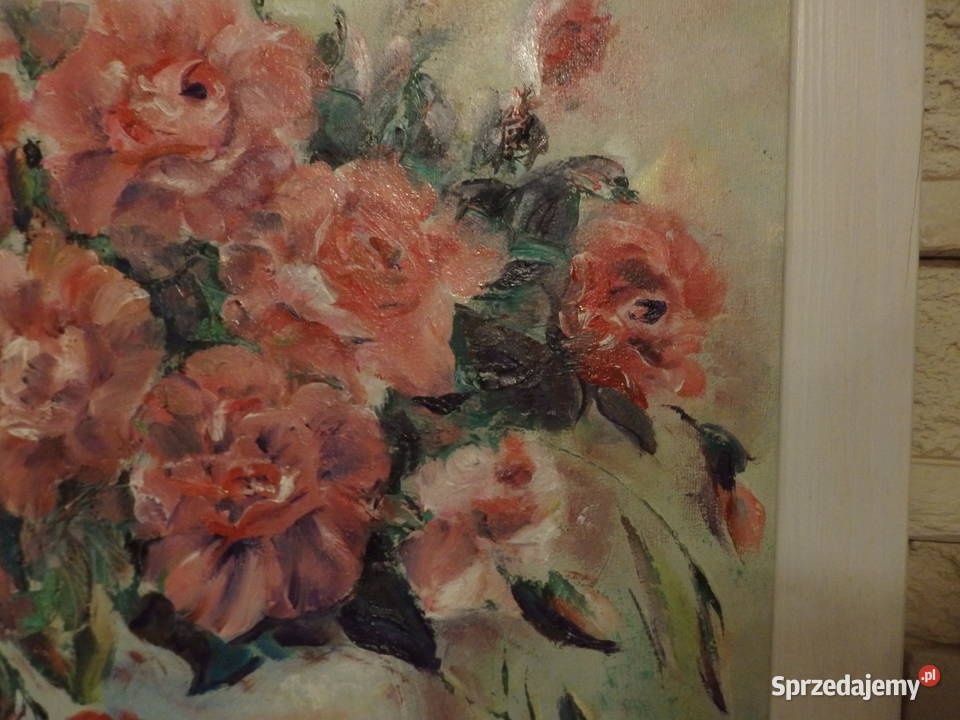 Obraz olejny KWIATY W WAZONIERÓŻOWE Antyki, Sztuka, Kolekcje sprzedam