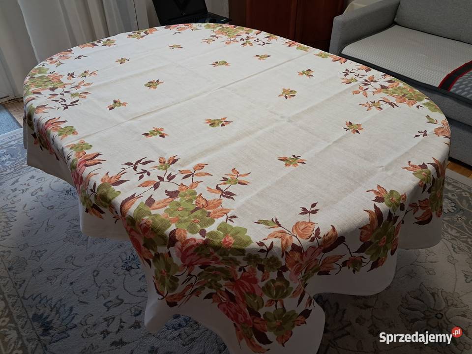 Obrus lniany biały w kolorowe kwiaty 166 x 130 Kraków