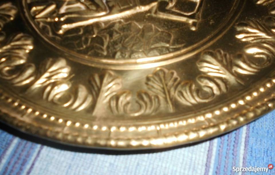 Ladny blaszany talerz z motywem pracy gorników Antyki Warszawa