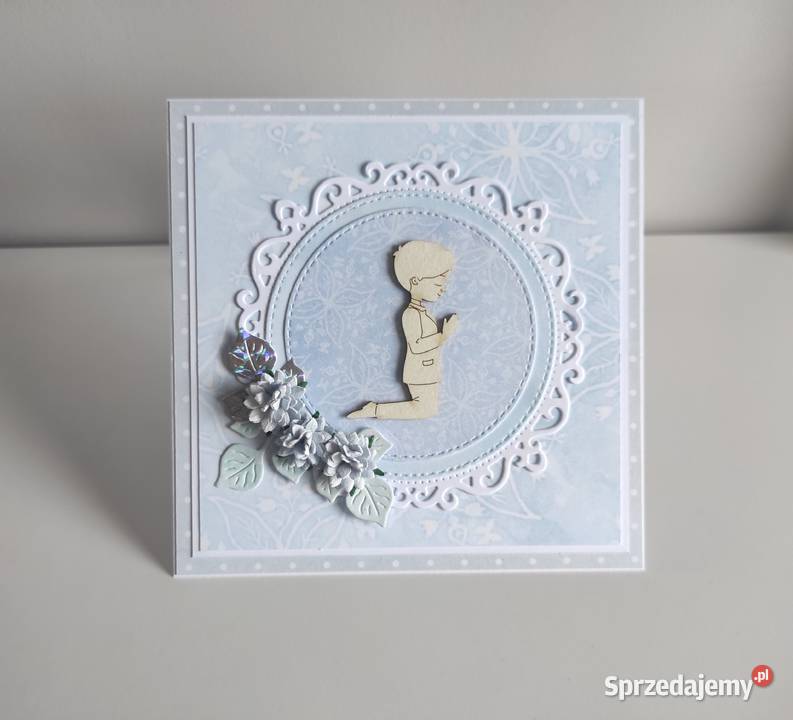 Kartka ręcznie robiona Komunia Święta niebieska Rękodzieło Łódź