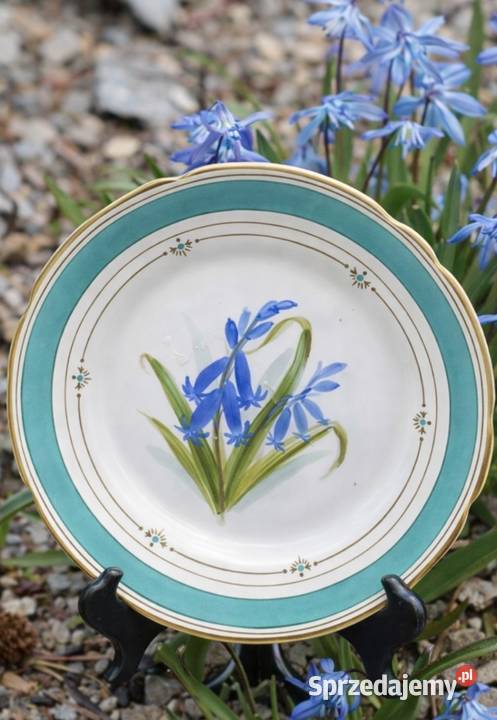 Śliczny talerz z bordiurą w kolorze Tiffany Blue Porcelana i szkło Pabianice