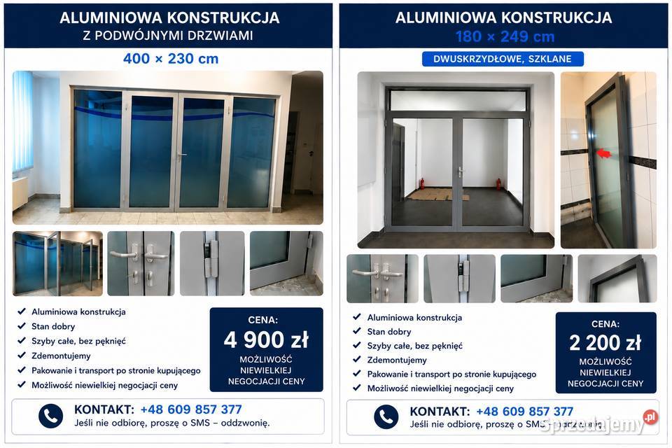 Zabudowa aluminiowo-szklana z podwójnymi drzwiami 400 × 230 cm.