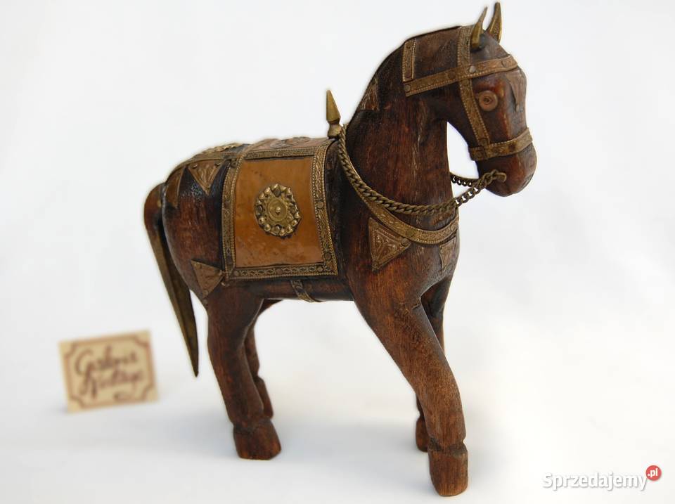 Koń indyjski mahoń mosiądz rzeźba drewniana Lublin