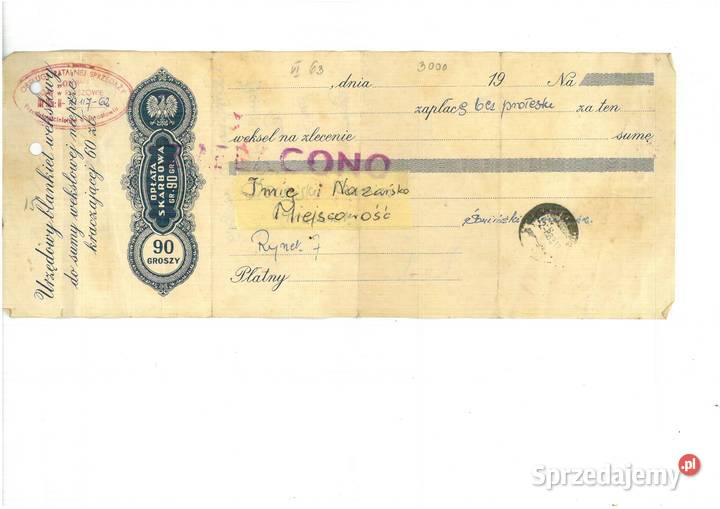 Urzędowy blankiet wekslowy 90 groszy z 1963 r podkarpackie Pruchnik